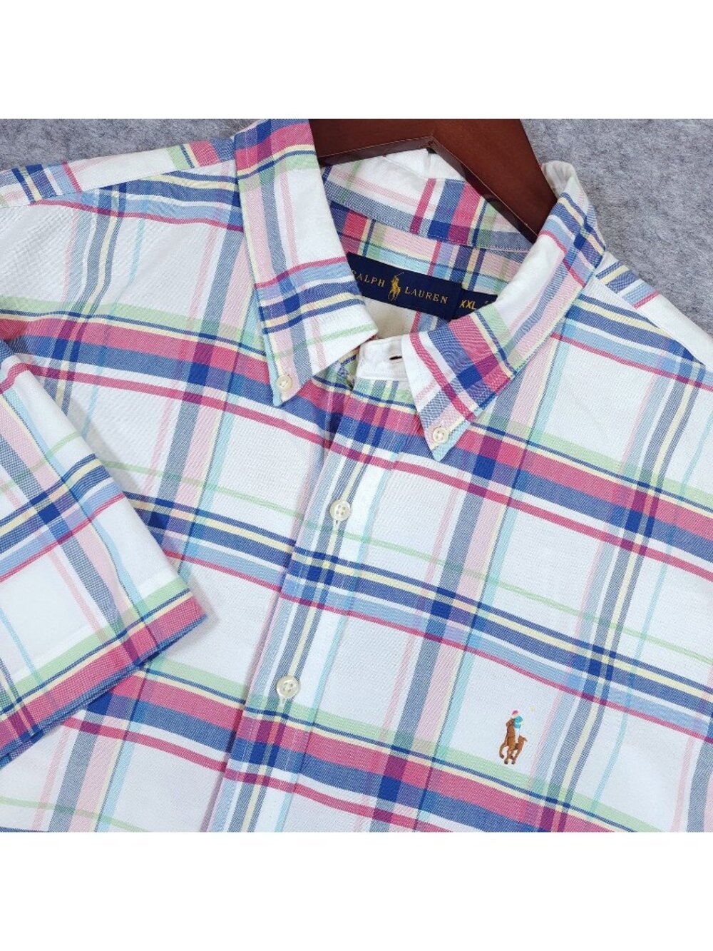 Ralph Lauren Mens Button Down Oxford Shirt XXL Short Sleeve Pink Blue Plaid Pony